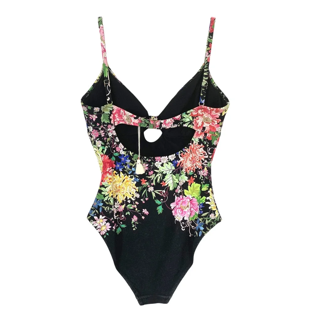 Johnny Was Sz M Metalli Notte Floral One Piece Swimsuit Keyhole Black Lined